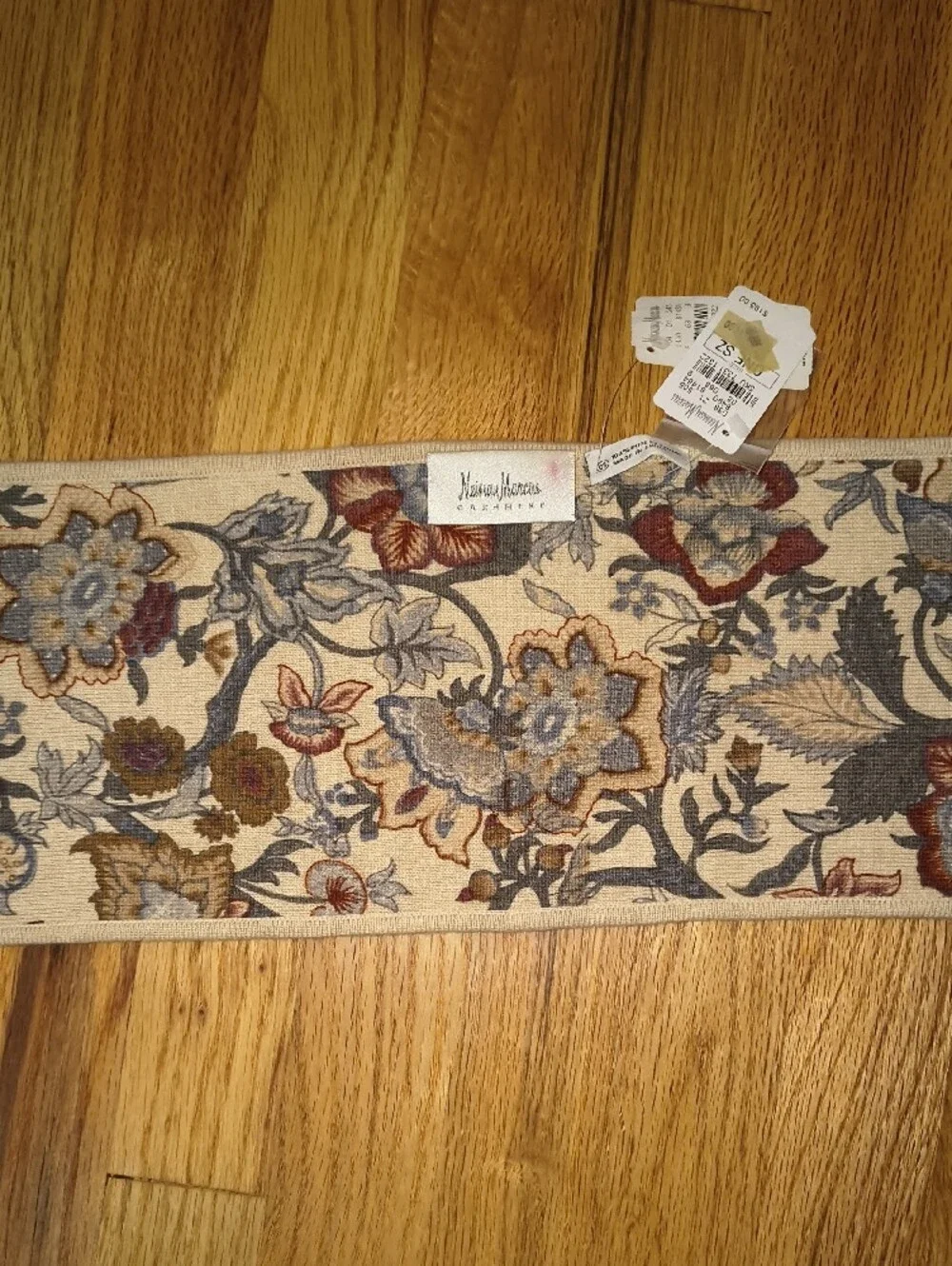 Neiman Marcus Beige Floral Tapestry Scarf with Blue & Rust Embroidery